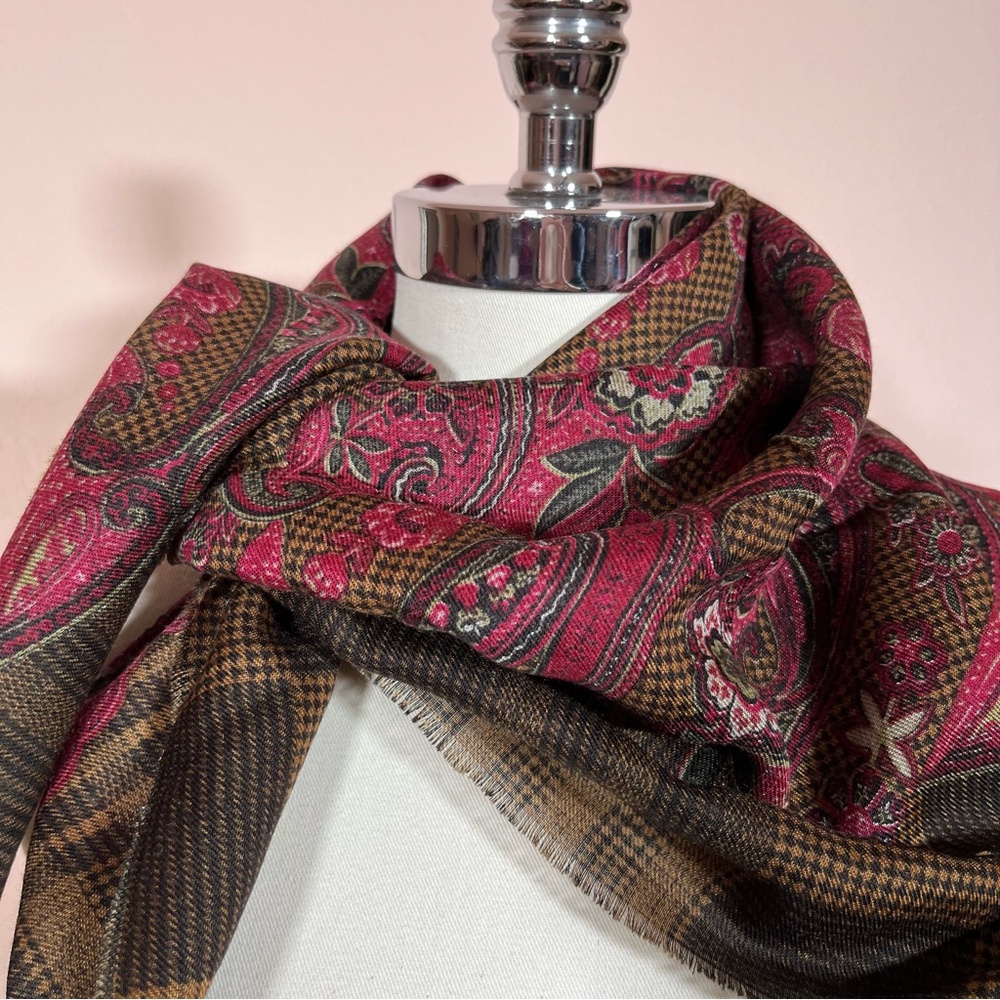 Vintage 1980 Glentex camel houndstooth magenta paisleys maximalist Winter Scarf